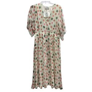Paul & Joe Floral Midi‎ Dress  Ivory Pink Green 42 Sheer Size Large
